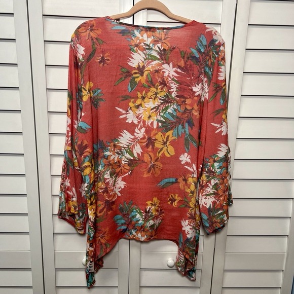 Spense Floral Split Flare Sleeve V-Neck Asymmetrical Top Women's Size XL - Picture 8 of 9